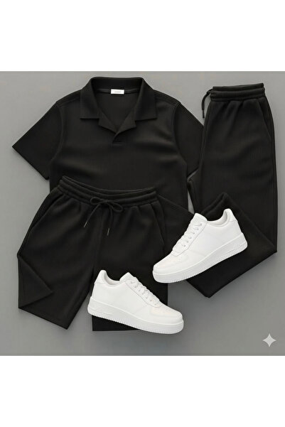 thefun fashion طقم تي شيرت وشورت رجالي من القماش العثماني المنسوج بفتحات تهوي...