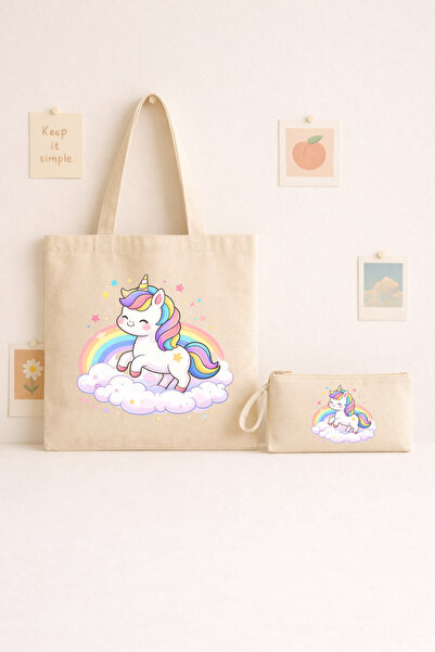 Maki Craft Unicorn Baskılı Bez Çanta ve Kalemlik 2’li Set – Gökkuşağı Temalı ...