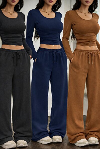 Le Vion Women's 3-Piece Wide-Leg Sweatpants Seasonal Oversize Comfortable Cut