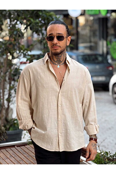 manch collection Oversize Wide Striped Linen Shirt Beige