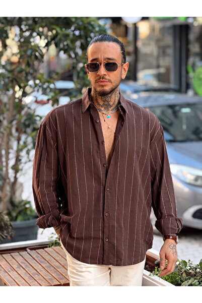 manch collection Oversize Wide Striped Linen Shirt Brown