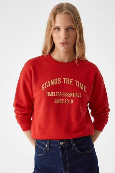 COMBİNE MİCHAİL Women's Time Text Printed Red Sweatshirt