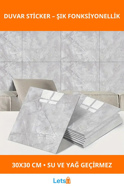 Letsii Gri Mermer Desen Su Geçirmez Kendinden Yapışkanlı Duvar Sticker 30x30 cm