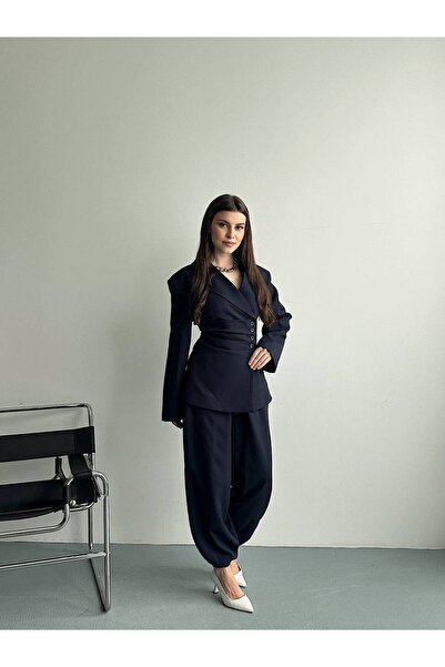 ZF BUTİK Women's Double-Breasted Collar Waist Detailed Jacket and Trousers Set