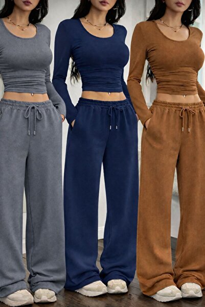 Le Vion Women's 3-Piece Wide-Leg Sweatpants Seasonal Oversize Comfortable Cut
