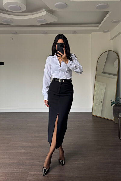 Grtrend Önden Yırtmaçlı Kemerli Midi Etek-Siyah