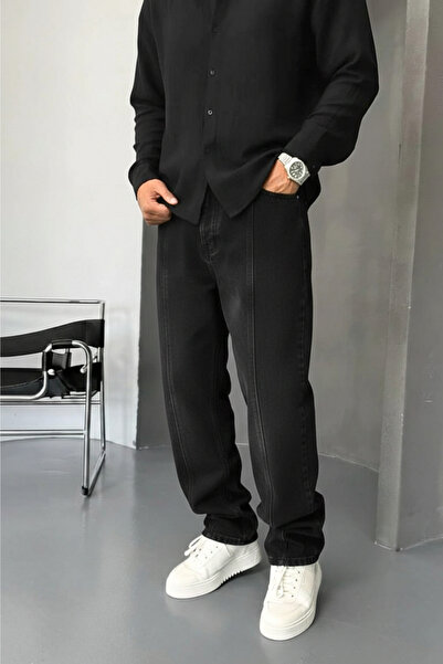 Wonraces Men's Black Baggy Washed Front Stitching Detailed Design Jean Jeans