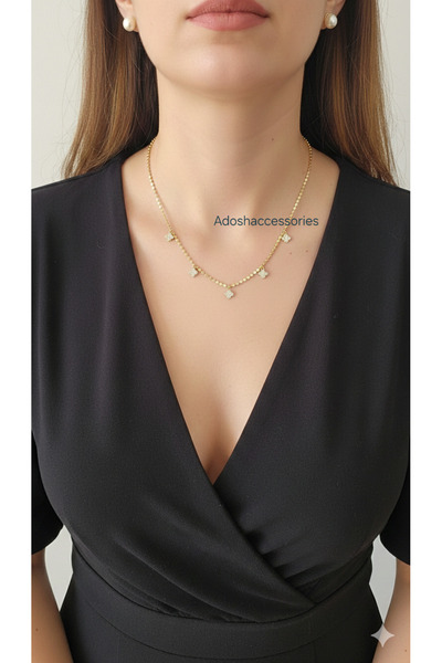 adosh 316 L ÇELİK 14K RENGİ PUL ZİNCİRLİ MİNİK YONCA TAŞLI KOLYE