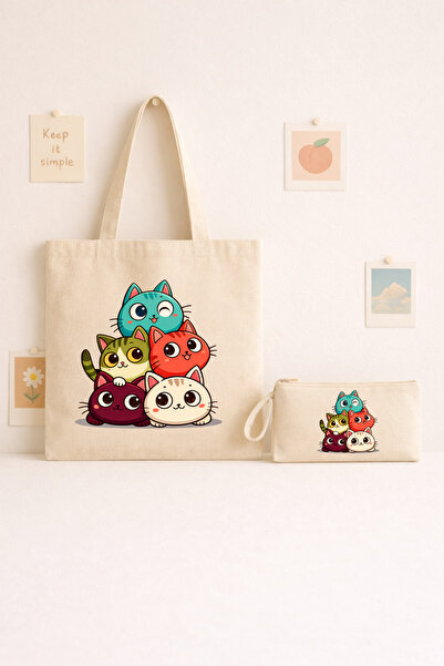 Maki Craft Sevimli Renkli Kedi Baskılı Bez Çanta ve Kalemlik 2’li Set – Günlü...