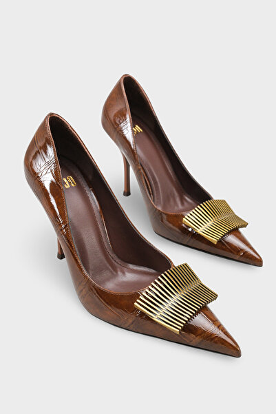 LOJO Women's Stiletto Pointed Toe Gold Buckle Detailed Casual Heeled Shoes Co...