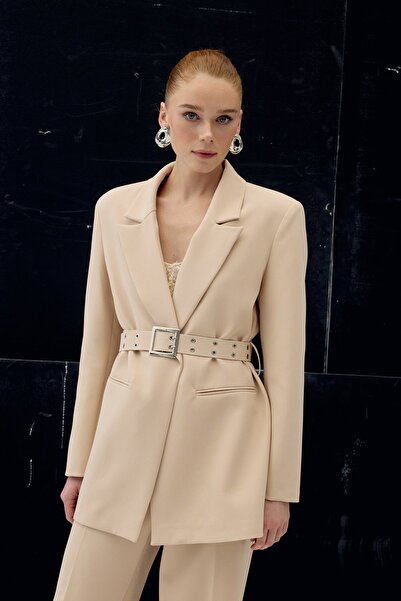 Sateen Belt Detailed Jacket - Beige