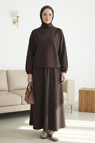 FERHEL Γυναικείο Σετ Μπλούζα με Στρογγυλή Λαιμόκοψη και Μακριά Φούστα - Καφέ