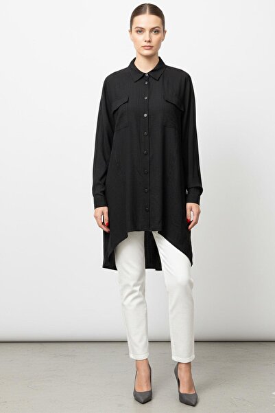 Puane Women's Long Buttoned Double Pocket Oversize Shirt Black 10759