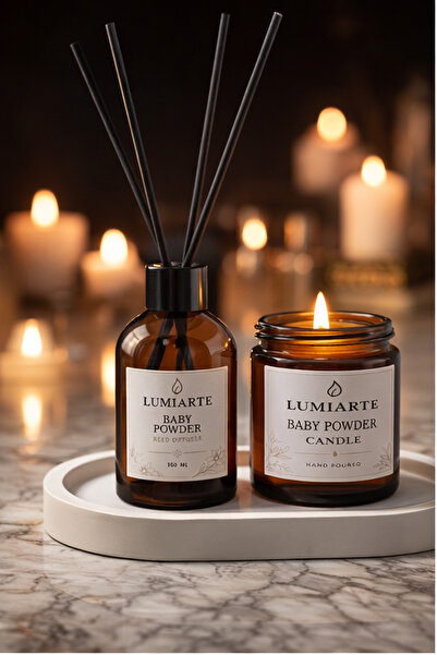 Lumiarte Pudra Kokulu Mum 100 ml + Pudra Çubuklu Oda Kokusu 100 ml + Tepsi Am...