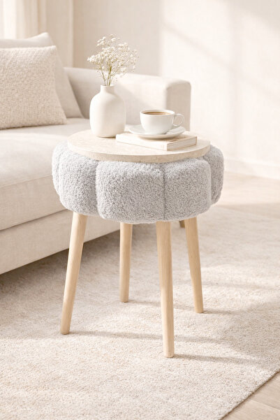 DEKOR MOBİLYACIM Flora 44 cm Çiçek Formlu Puf Dekoratif Ahşap Ayaklı Oturma v...