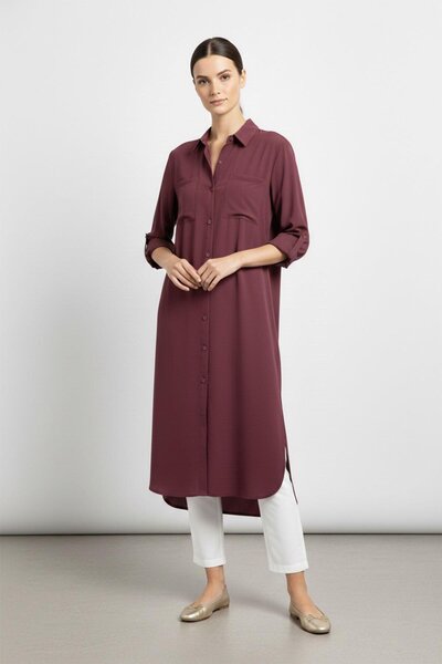 Puane Women's Long Buttoned Oversize Shirt with Pockets Bordo 10764