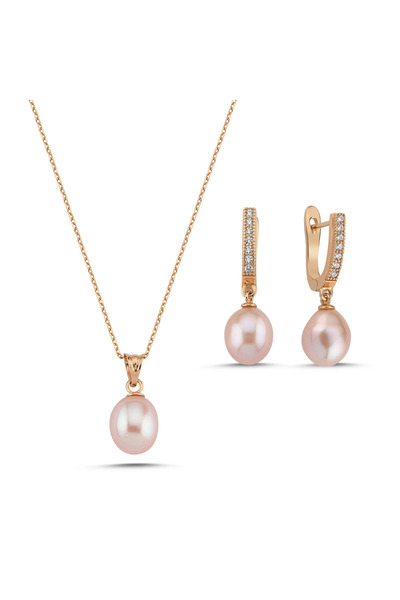 Birinci1926 Pembe Damla Doğal İnci Kolye Küpe İkili Set