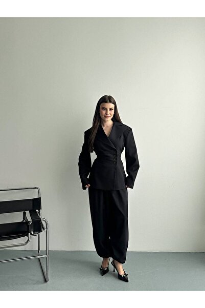 ZF BUTİK Women's Double-Breasted Collar Waist Detailed Jacket and Trousers Set