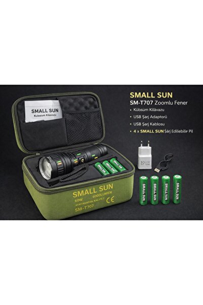 Small Sun T707 60W 6000 Lümen Zoomlu El Feneri Seti – 4 Adet Şarjlı Pil + Taş...