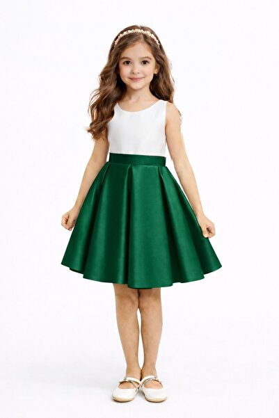 nsmkidslife Κοριτσίστικο Λευκό/Σμαραγδί Πράσινο Πλισέ Σατέν Φόρεμα για την Ημ...