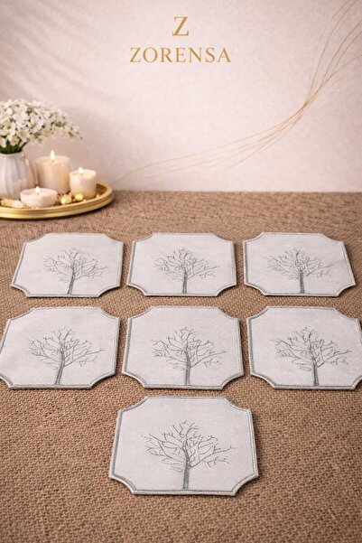 ZORENSA Silver Tree Embroidered 6-Piece American Service / Decorative Coaster...