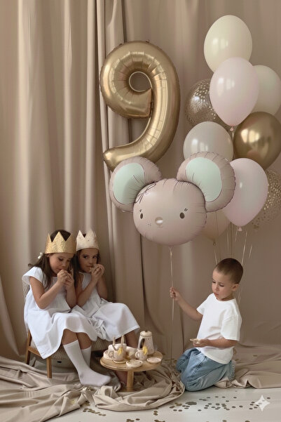 Çemrek Süs Parti Beige Age Foil Balloon Mouse Foil Balloon Balloon Set 12 Pieces