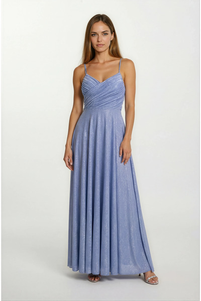 Spazio Rachelı İnce Askılı Sırt Çarpraz Bağlamalı Beli Açık Simli Yırtmaçlı U...