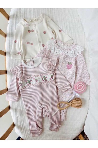 NUNU BABY Strawberry Nakışlı 3'lü Tulum Seti
