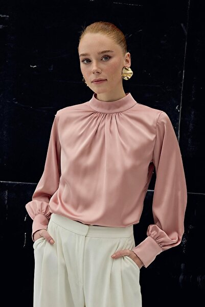 Sateen Collar Detailed Satin Blouse - Pink