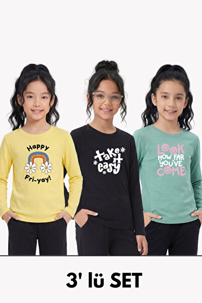 FYK COLLECTİON Μακρυμάνικο μπλουζάκι για κορίτσια 3 τεμαχίων με λεπτομέρεια ε...