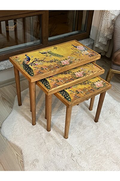 Home Seramik Altın Bahçe Tavus Kuşu Desenli 3 lü Zigon Sehpa Burma Doğal Ahşap