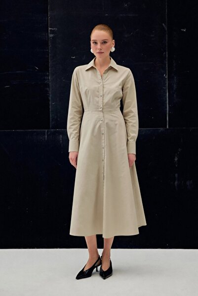 Sateen Long Button Detailed Dress - Beige