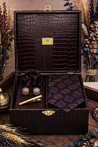 Kravatkolik Burgundy Men's Gift Box - Tie, Handkerchief, Cufflinks, Tie Clip ...