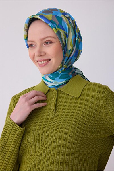 Belli وشاح تيفيل من الحرير الخالص 4312 - 82 نمط زهور أخضر أزرق