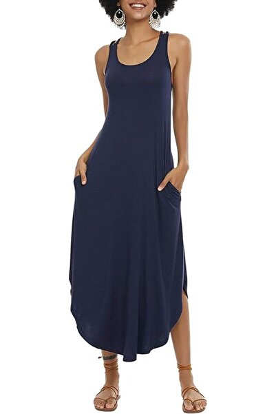 OEM Alcea Rosea Satin Dress - Elegant, Long, Viscose - Navy Blue, Size L