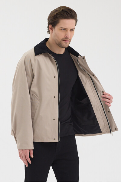 STONCS Men's Beige Contrast Collar Oversize Jacket