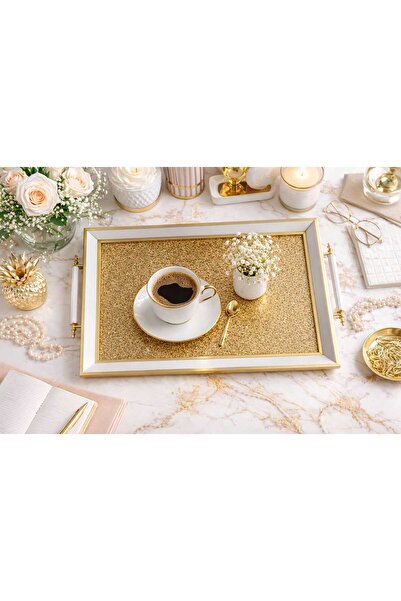 AiroBazar White Handle Presentation Tray with Gold Detail, Luxurious Decorati...