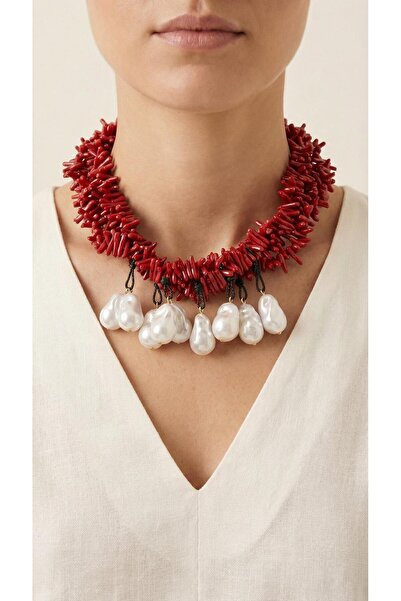 Spazio Natural pearl dangle bohemian necklace - red