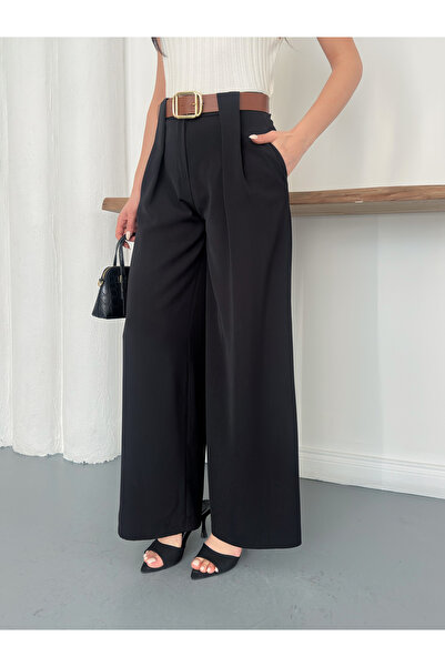 Ekim Store Παντελόνι Palazzo με λεπτομέρεια στον ιμάντα μέσης και ψηλόμεσο σχ...