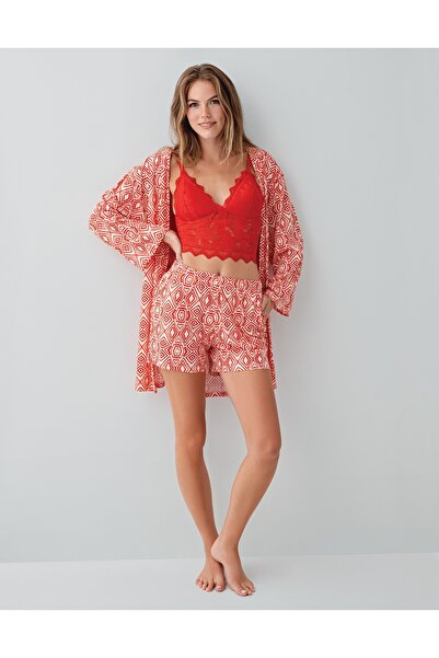 Arnetta Women's Modal/Cotton Lace Bustier and Robe Detailed Shorts Pajama Set