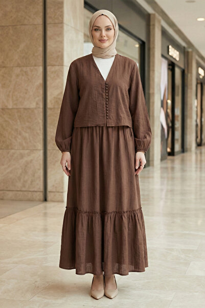 FERHEL Women's V-Neck Buttoned Skirted Comfortable Cut Viscose Suit - Brown