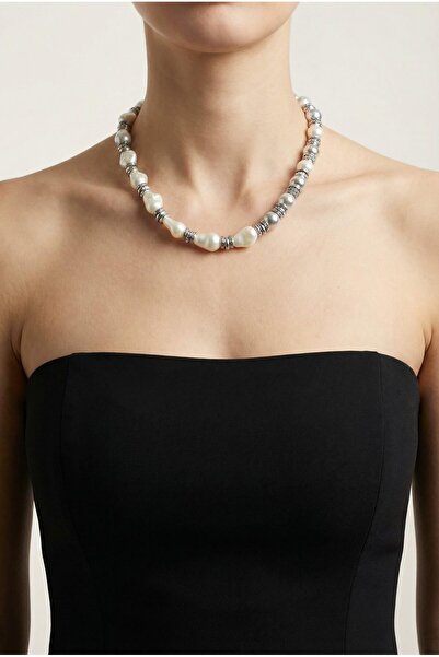 Spazio Gümüş Detaylı İnci Görünümlü Boncuk Kolye BEYAZ