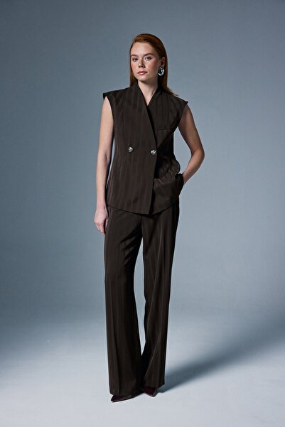 Sateen Anna Striped Trousers - Brown