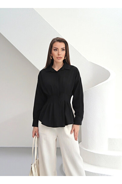 Lusin Women's Black Shock Waist-Slit Long Sleeve Shirt