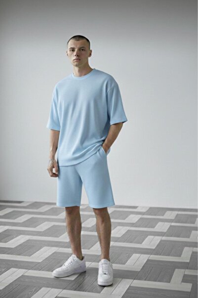 CAST COLLECTİON Men's Bebemavi Ottoman Ribbed Oversize T-Shirt Shorts Set