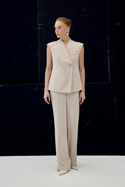 Sateen Anna Striped Trousers - Beige