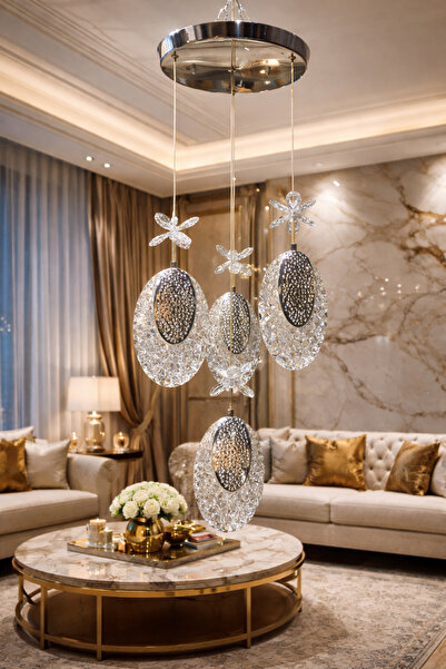 Akgül 4'lü Hilal Krom Led Avize 3 Renkli