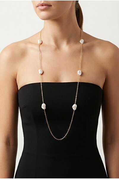 Spazio Altın Zincir Barok İnci Uzun Kolye ALTIN