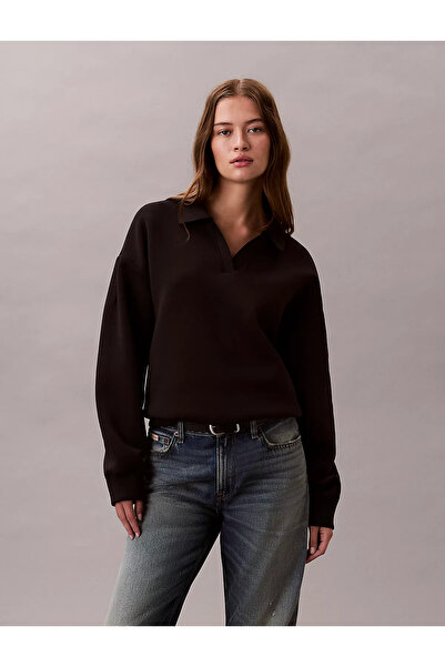 Calvin Klein Women's Oversize Polo Collar Long Sleeve Black Sweatshirt with L...