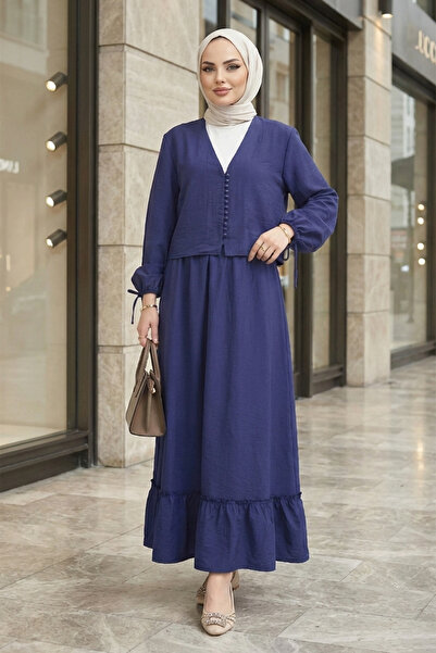 FERHEL Women's V-Neck Buttoned Skirted Comfortable Cut Viscose Suit - Navy Blue